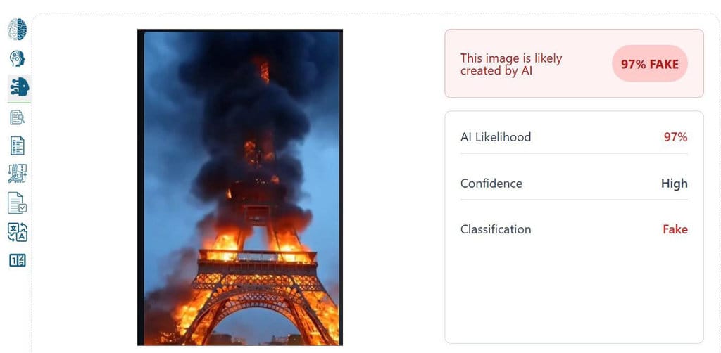 Manipulasi AI Menara Eiffel Terbakar. foto/ZeroGPT Manipulasi AI Menara Eiffel Terbakar