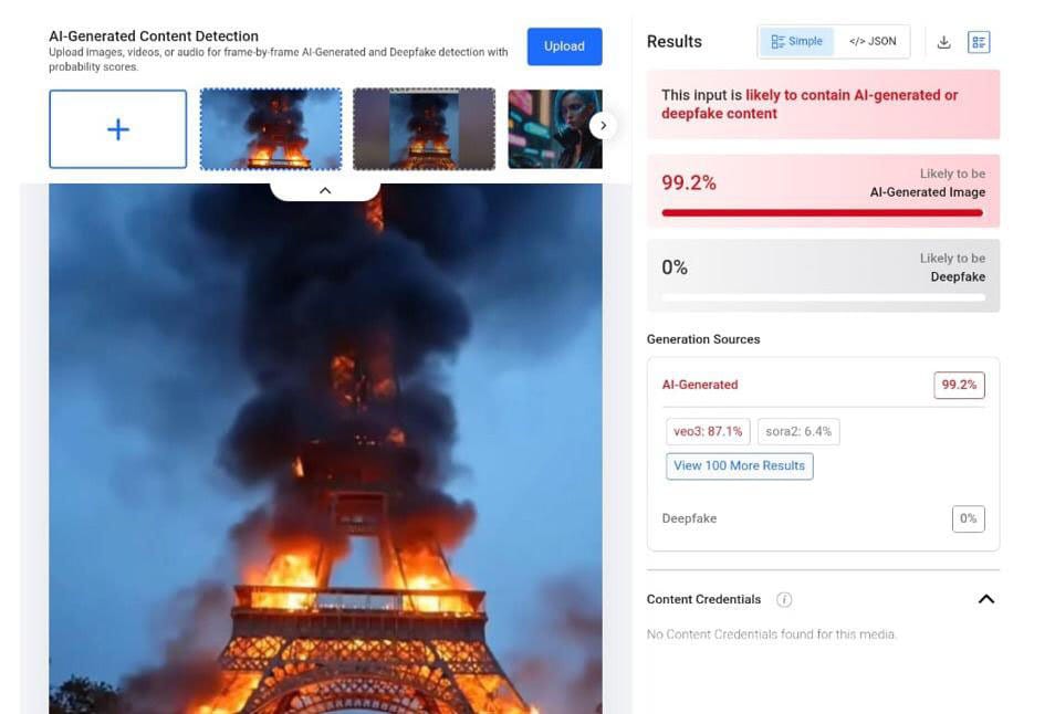 Manipulasi AI Menara Eiffel Terbakar. foto/ZeroGPT Manipulasi AI Menara Eiffel Terbakar