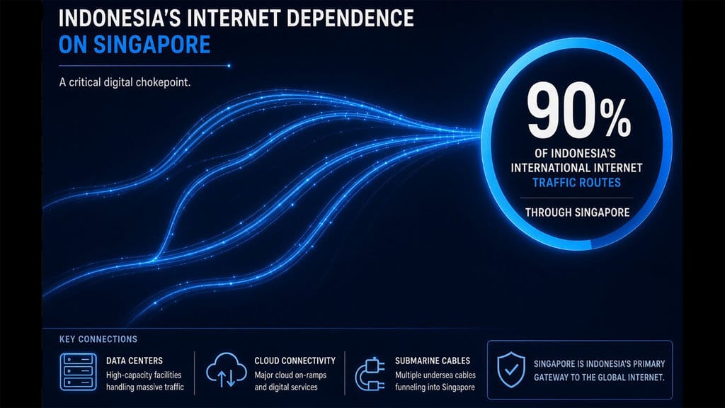 Unggahan infografis dari politikus Calvin Cheng di X soal ketergantungan akses internet Indonesia pada Singapura. x/Calvin Cheng Ketergantungan Internet Indonesia pada Singapura
