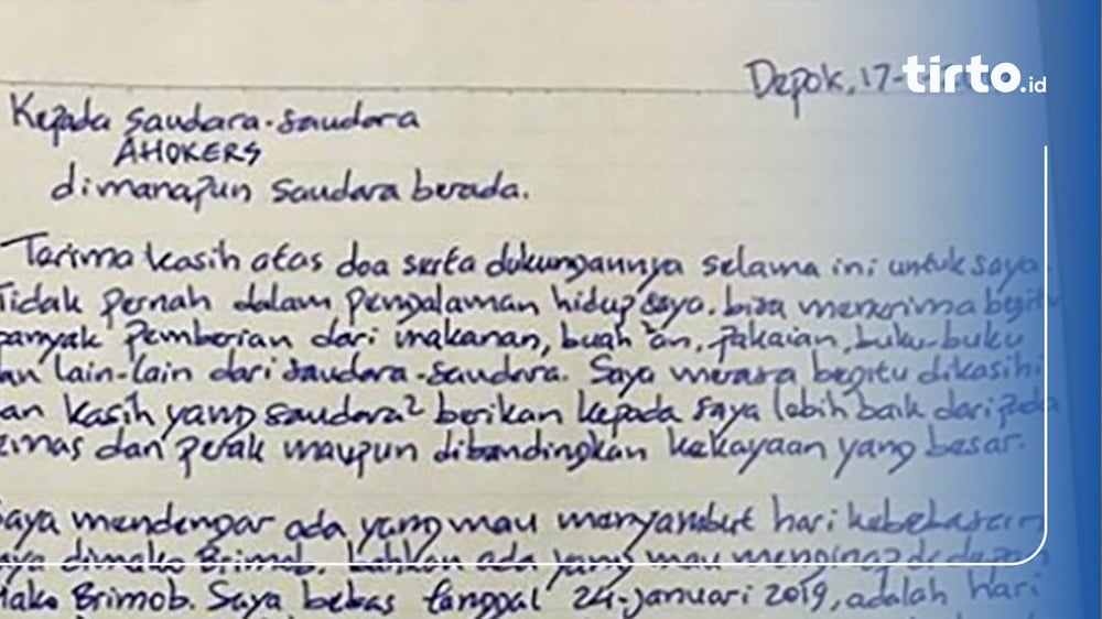 Isi Surat Ahok Untuk Pendukungnya Jelang Bebas 24 Januari Nanti