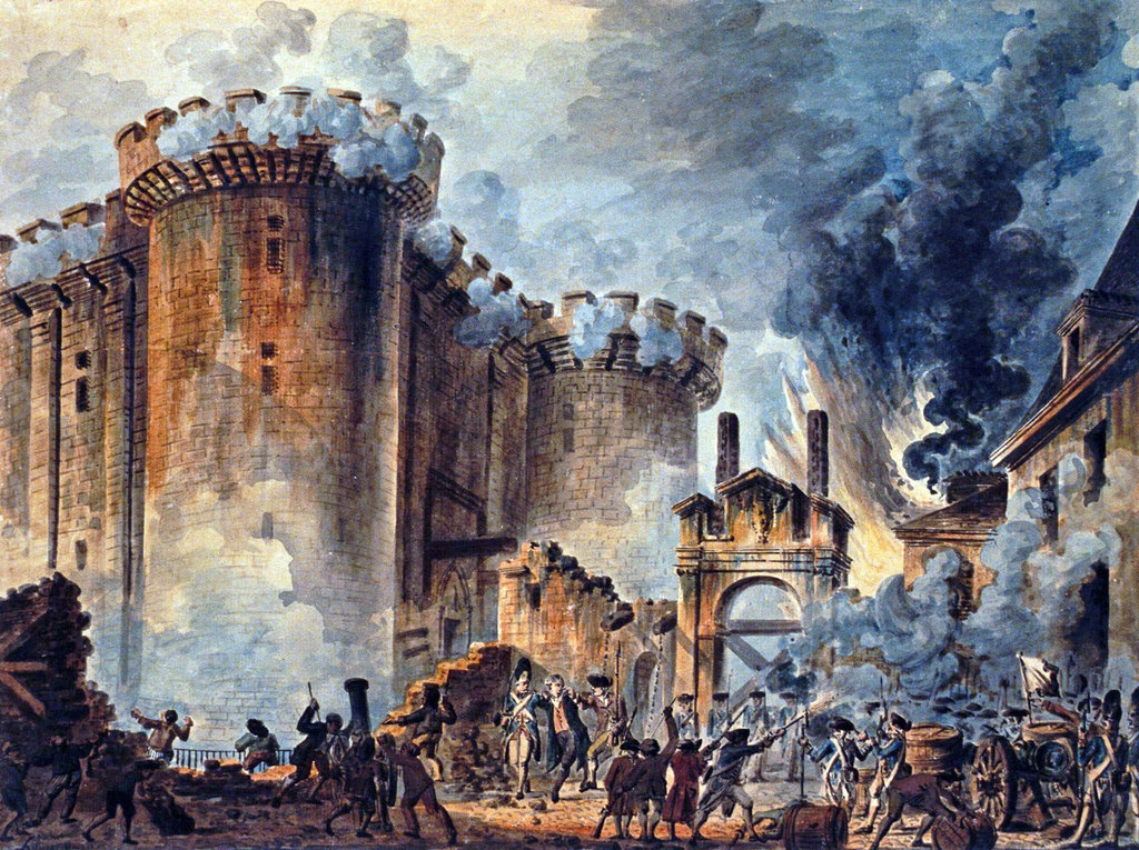 Storming of the Bastille, sebuah karya pelukis Perancis Jean Pierre Louis Laurent Houel menggambarkan kondisi kerusuhan di penjara Bastille yang memicu Revolusi Perancis. FOTO/Wikipedia Storming of The Bastille
