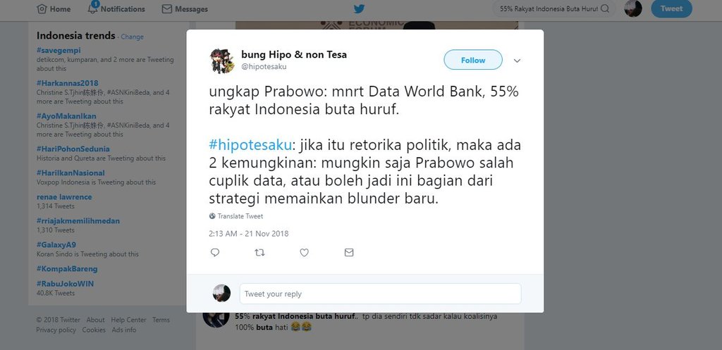 fact check prabowo 55 persen rakyat indonesia buta huruf twitter