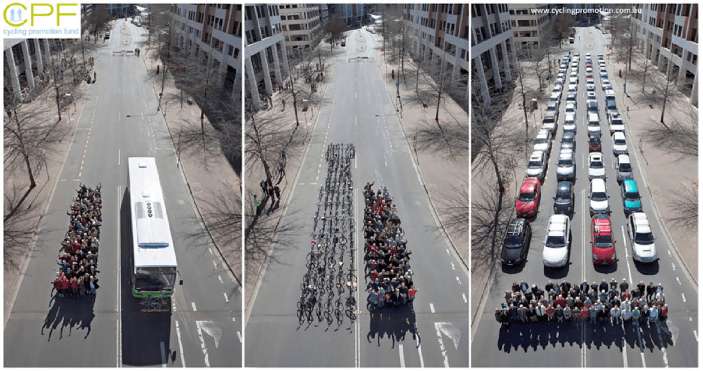 Foto orang vs bus vs sepeda vs mobil