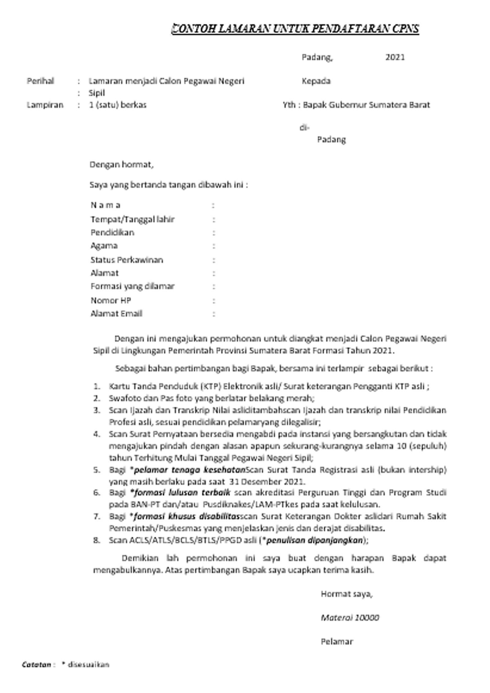 Surat Lamaran CPNS Sumatera Barat