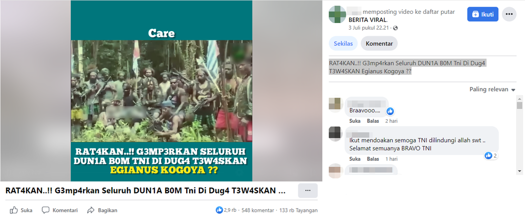 Foto Periksa Fakta Bom TNI Tewaskan Egianus Kogoya