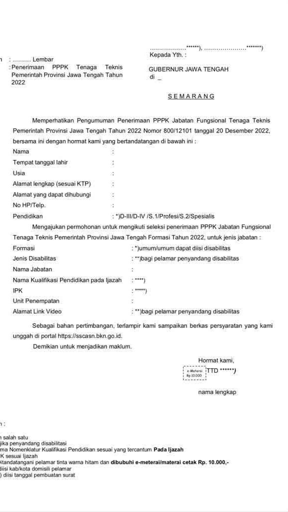 Format Lamaran PPPK Pemprov Jateng Dan Link Download PDF