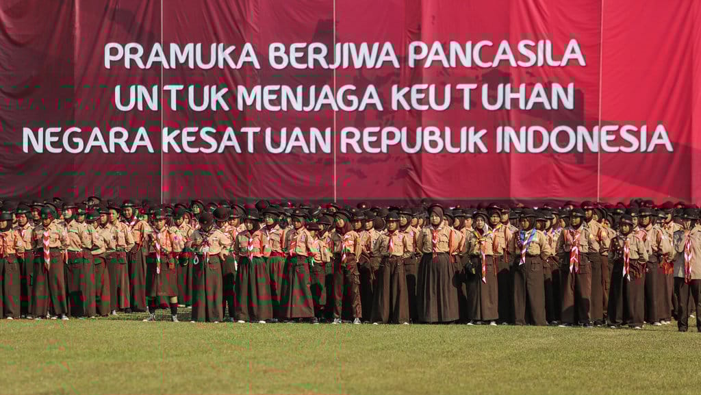 Anggota pramuka mengikuti upacara HUT ke-63 Pramuka di Buperta Cibubur, Jakarta, Rabu (14/8/2024). ANTARA FOTO/Asprilla Dwi Adha/foc. Upacara HUT ke-63 Pramuka