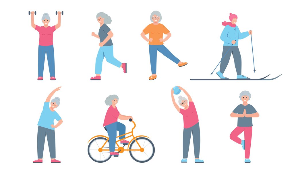 Ilustrasi wanita Lansia Bahagia melakukan latihan olahraga, yoga, ski dan mengendarai sepeda. FOTO/iStockphoto Ilustrasi wanita Lansia olahraga