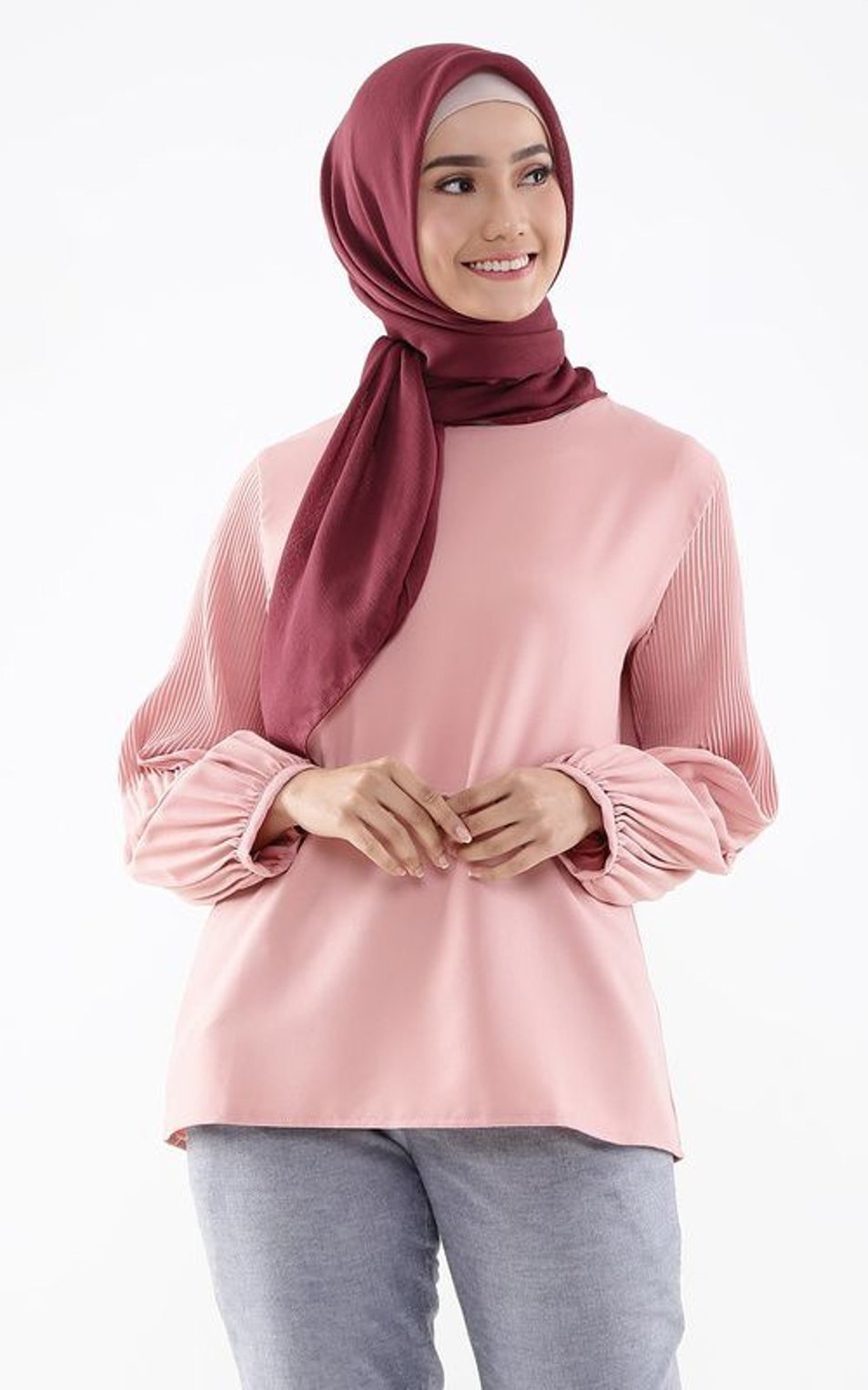 Baju pink salem-jilbab red wine