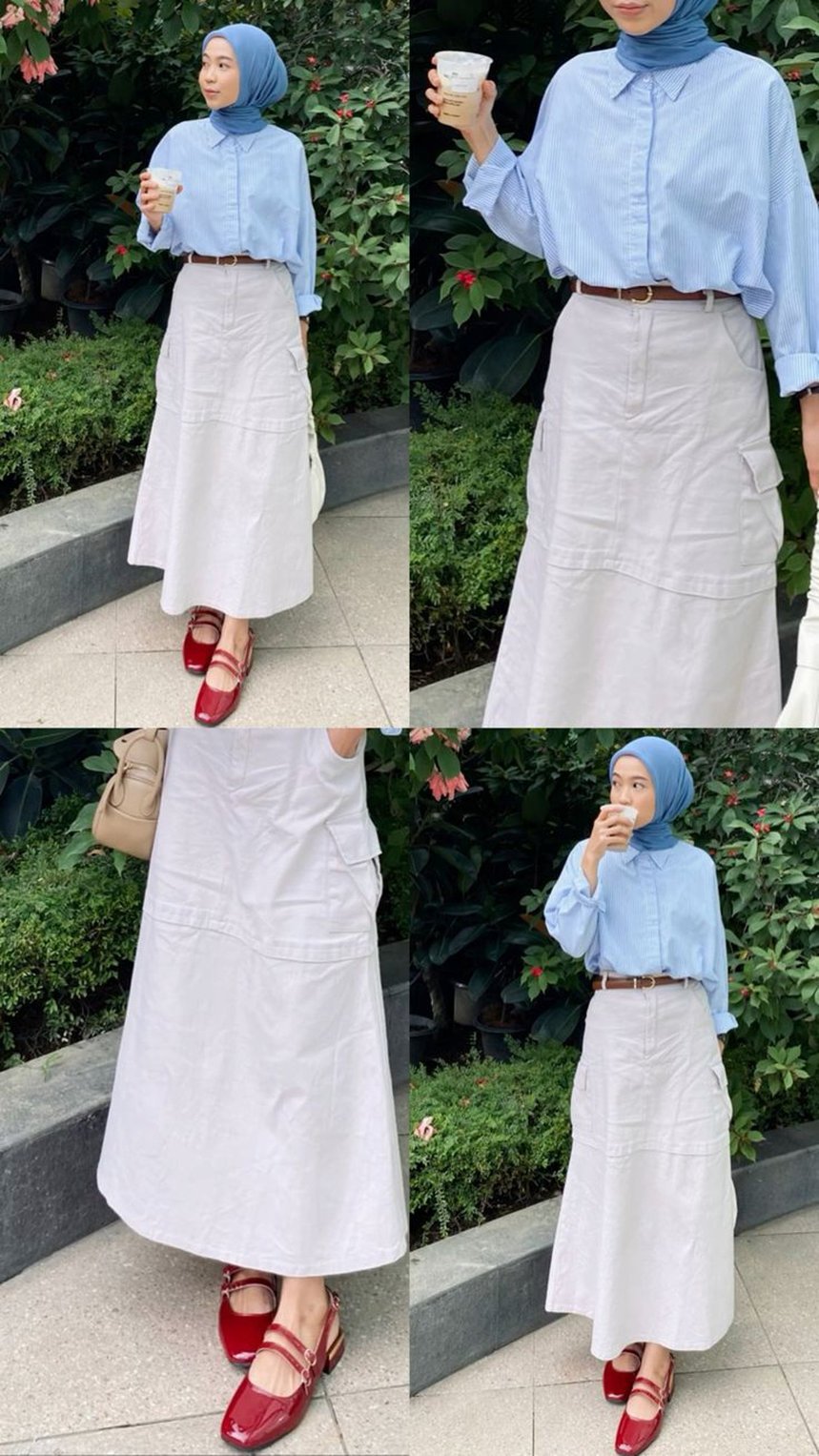 Rok Cargo Putih dan Kemeja Warna Powder Blue