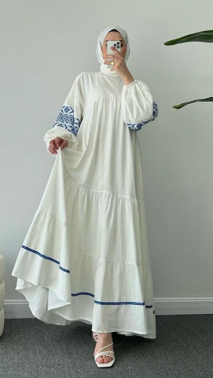 Gamis Putih Aksen Biru