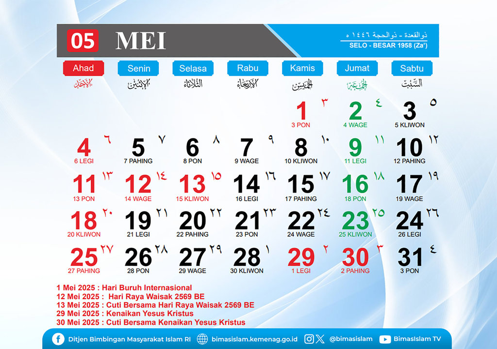 Kalender Bulan Mei 2025. foto/kemenag Kalender Bulan Mei 2025