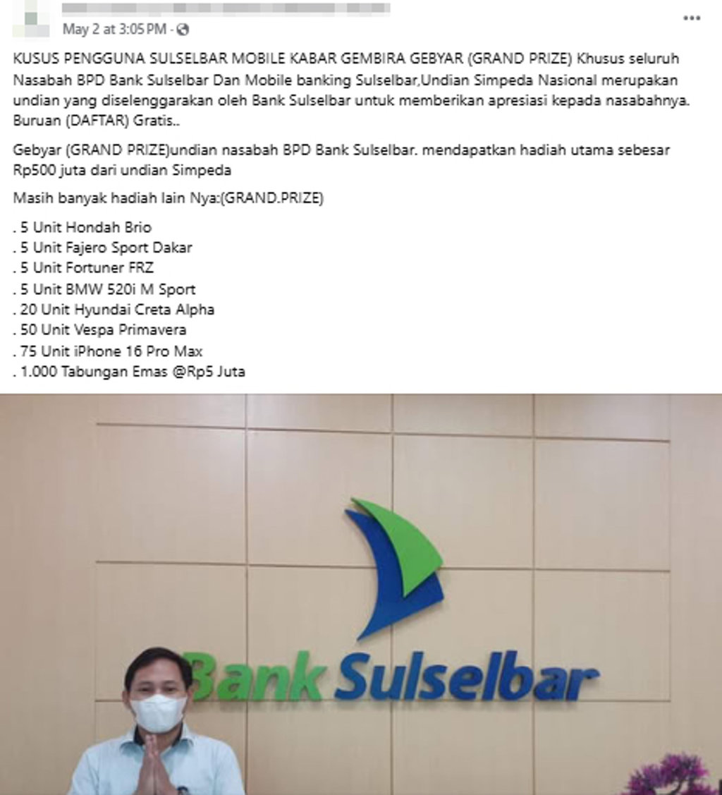 Periksa Fakta Salah, Tautan Gebyar Undian Berhadiah dari Bank Sulselbar. Periksa Fakta Undian Berhadiah Bank Sulselbar