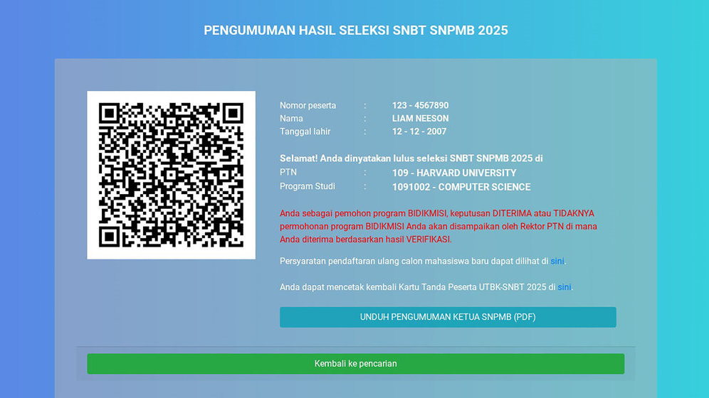 Contoh Fake Pengumuman SNBT SNPMB