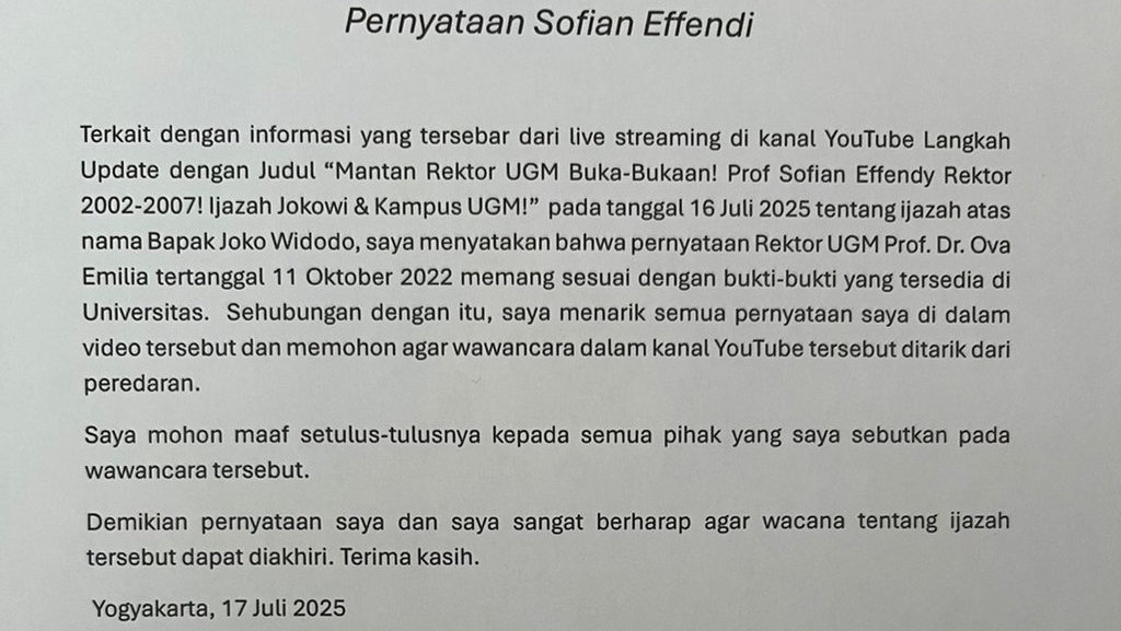 Klarifikasi Eks Rektor UGM Soal Ijazah Jokowi