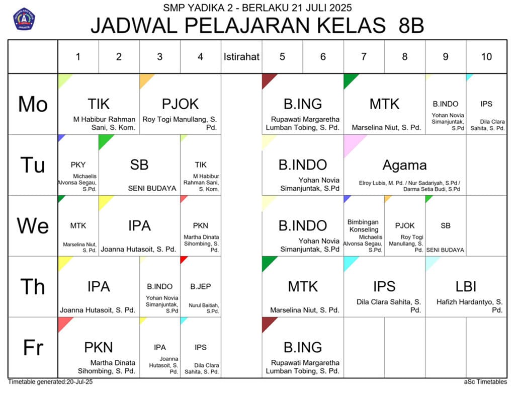 Jadwal pelajaran kelas 8 SMP YADIKA 2