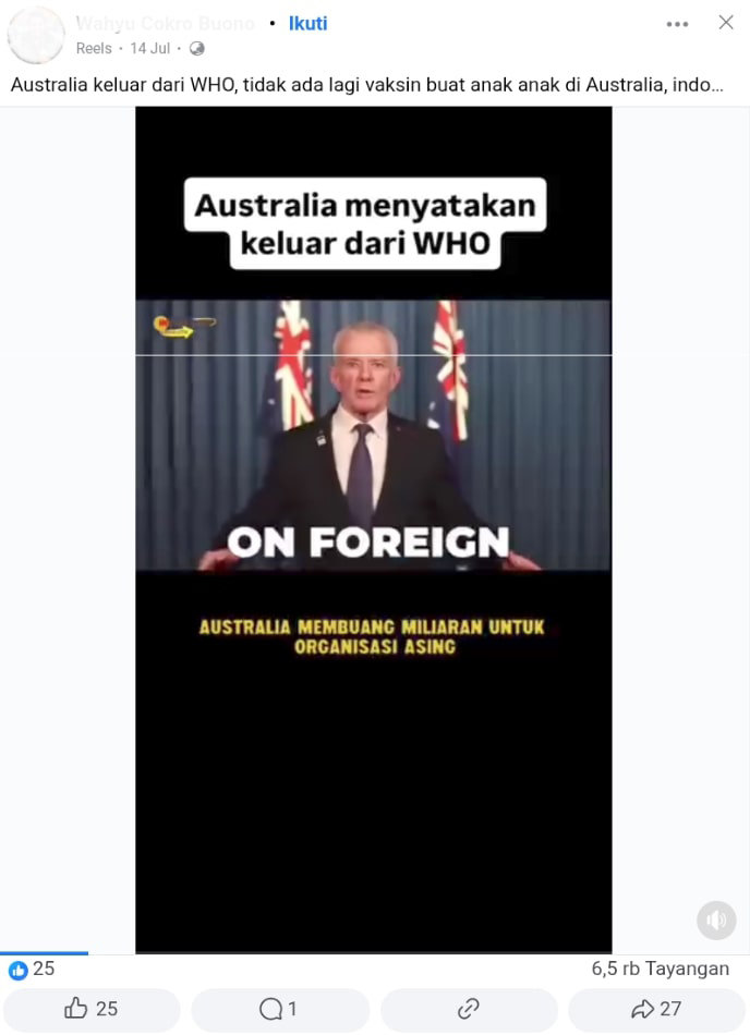Periksa Fakta hoaks Australia keluar dari WHO
