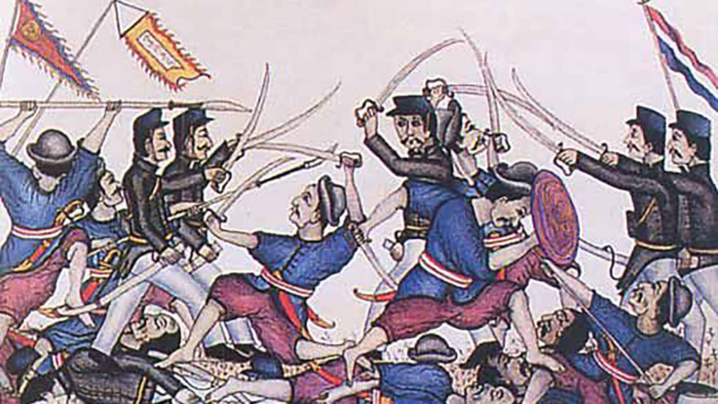 Lukisan Jawa abad ke-19 menggambarkan salah satu episode Perang Tionghoa, perang yang meletus di Jawa tahun 1741-1743. FOTO/Wikimedia Commons Geger Pecinan