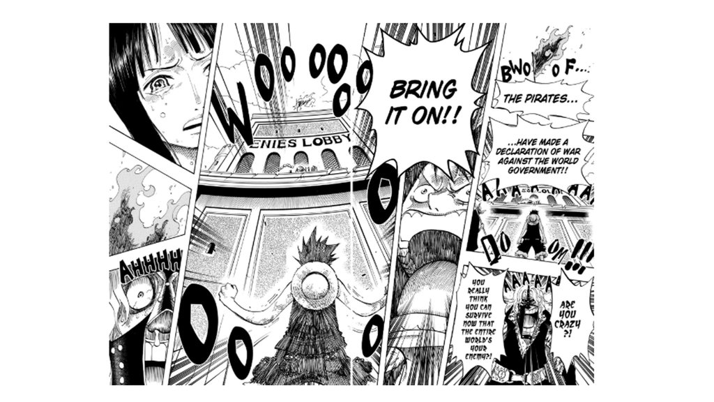 Momen Luffy membakar bendera Pemerintahan Dunia dan secara tidak langsung menyatakan perang, diambil dari komik One Piece chapter 398.
