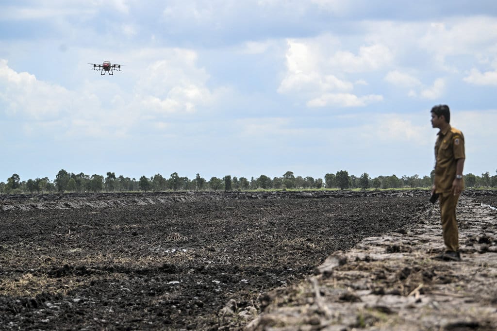 Petugas menyaksikan drone yang menebarkan benih padi saat tanam. ANTARA FOTO/Hafidz Mubarak A/YU Petugas menyaksikan drone yang menebarkan benih padi saat tanam.