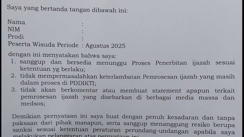 Tangkapan layar surat pernyataan bermaterai. instagram @unybergerak surat pernyataan bermaterai Alumni UNY 2025