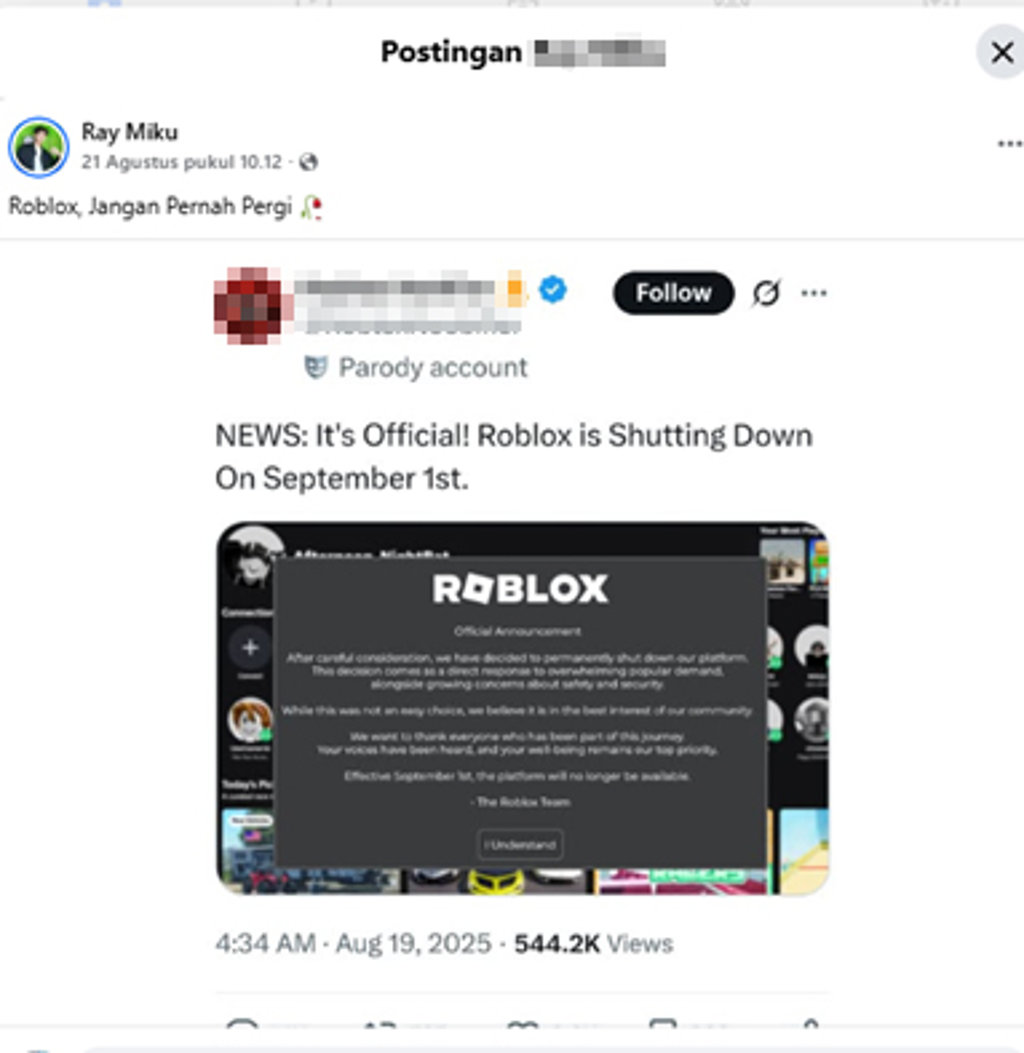 Periksa Fakta Hoaks Roblox Akan Ditutup Permanen Pada 1 September. Periksa Fakta Roblox