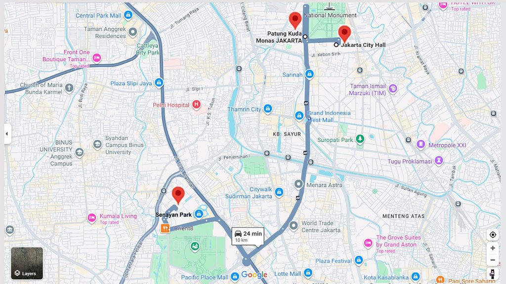 Peta Gedung DPR Patung Kuda dan Balai Kota jakarta