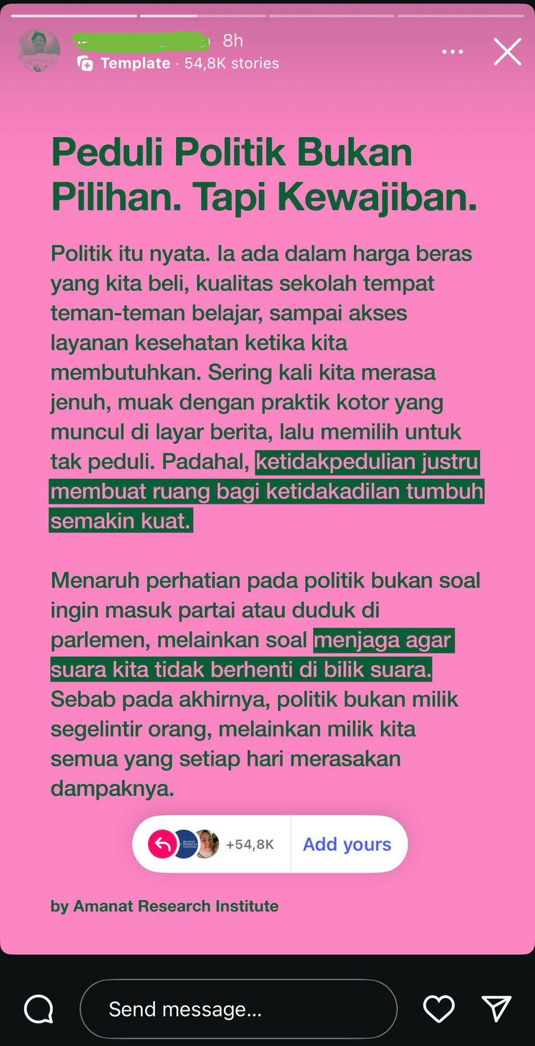 Tangkapan Layar Story Instagram Juan, Jumat (5/9/2025). insatgram/Juan Ilustrasi Brave Pink