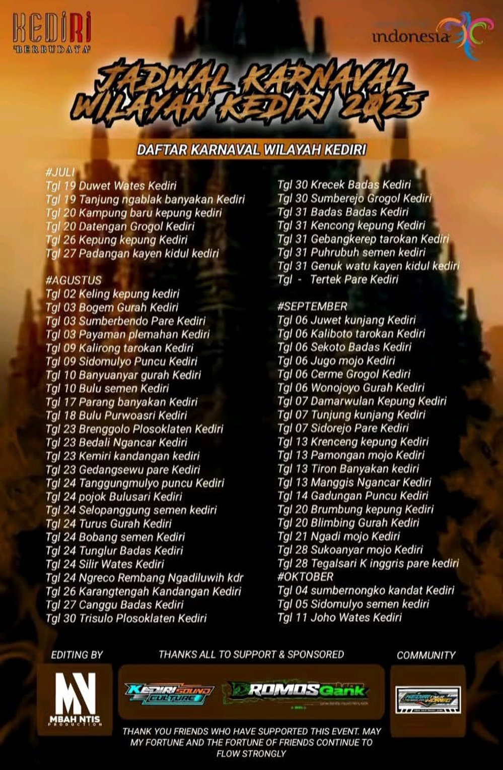 Salah satu bentuk poster informasi waktu dan tempat karnaval sound horeg di Kabupaten Kediri. Poster informasi seperti ini lazim beredar di grup-grup Facebook komunitas penikmat soun horeg. Karnaval Sound Horeg di Kediri