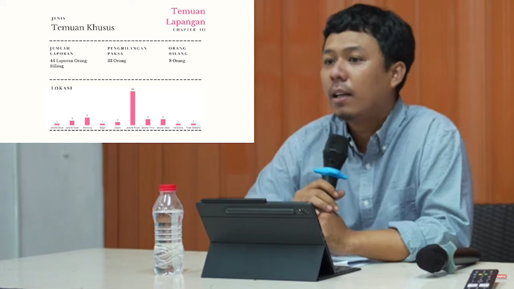 Tangkapan Layar - Paparan Koordinator KontraS, Dimas Bagus Arya, dalam acara Peluncuran Laporan Pemetaan Praktik Penghilangan Orang Secara Paksa Dalam Aksi 25–31 Agustus 2025, Jumat (12/9/2025). (YouTube/KontraS) Dimas Bagus Arya