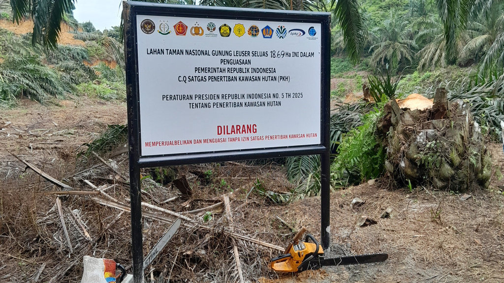 Plank pemberitahuan penertiban yang didirikan Satgas PKH di hutan TNGL Blok Tenggulun, Kabupaten Aceh Tamiang, Provinsi Aceh, Kamis (4/9/2025). Foto/Nanda Fahriza Batubara Plang Pemberitahuan TNGL