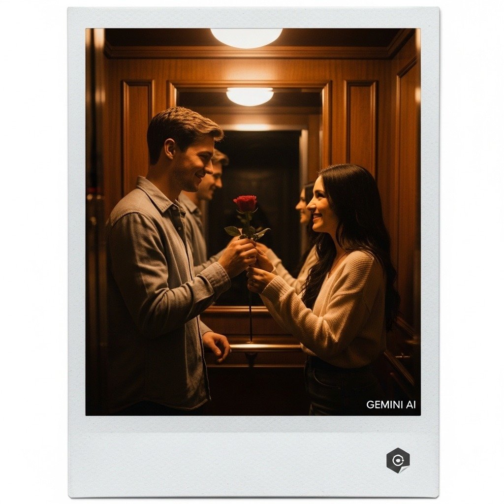 Prompt gemini AI pasangan di lift. foto/Gemini AI Prompt gemini AI pasangan di lift