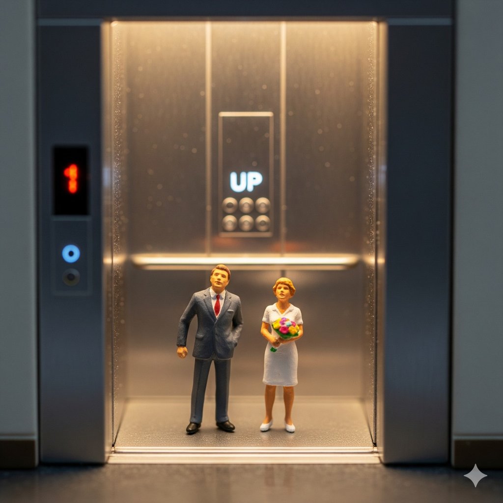 Prompt gemini AI pasangan di lift. foto/Gemini AI Prompt gemini AI pasangan di lift