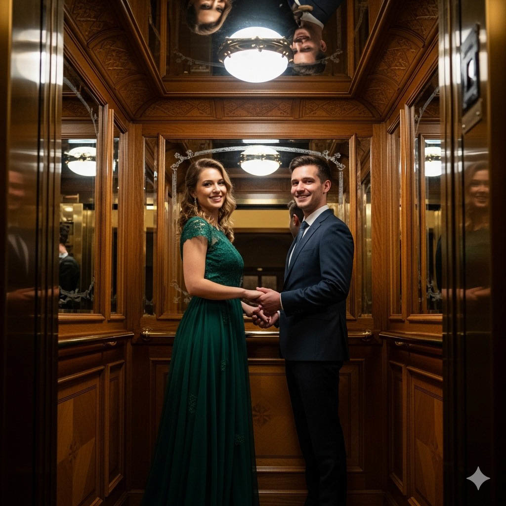 Prompt gemini AI pasangan di lift. foto/Gemini AI Prompt gemini AI pasangan di lift