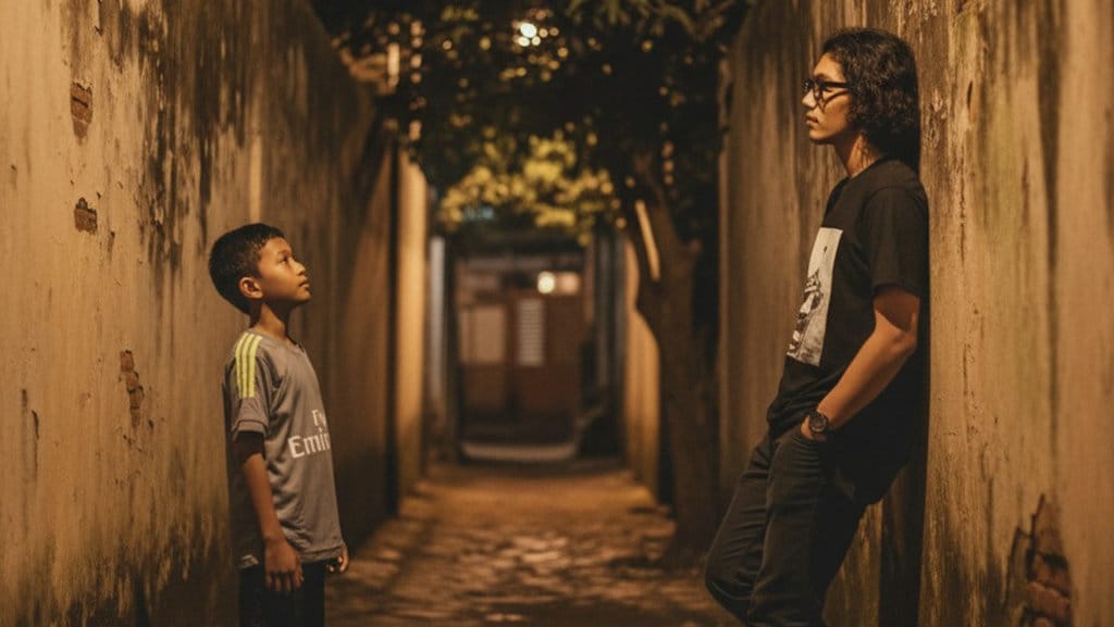 Hasil Generaor AI, Gemini AI Foto bertemu masa kecil diri sendiri. FOTO/Gemini AI Prompt Gemini AI bertemu masa kecil diri sendiri