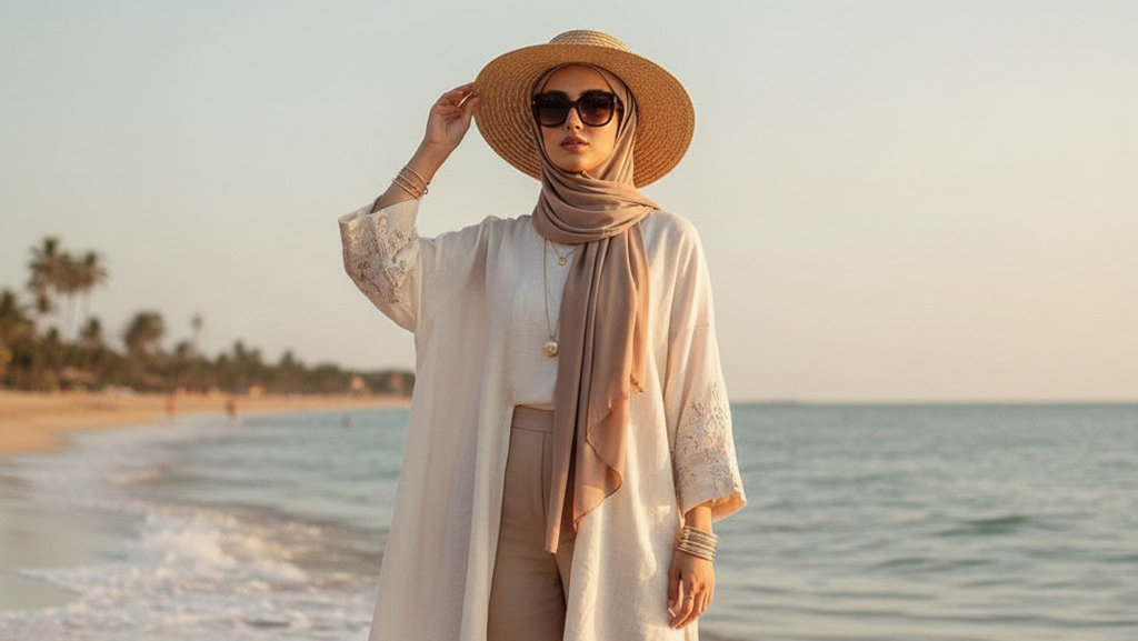 Hasil Generaor AI, Gemini AI Foto Wanita Berhijab di Pantai. FOTO/Gemini AI Prompt Gemini AI Foto Wanita Berhijab di Pantai