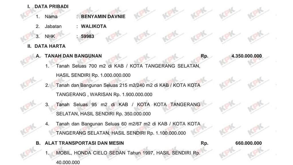 Tangkapan Layar LHKPN Benyamin Davnie, tidak ada jam rolex yang dilaporkan dalam dokumen tersebut. Foto / Jupri Nugroho LHKPN Benyamin Davnie