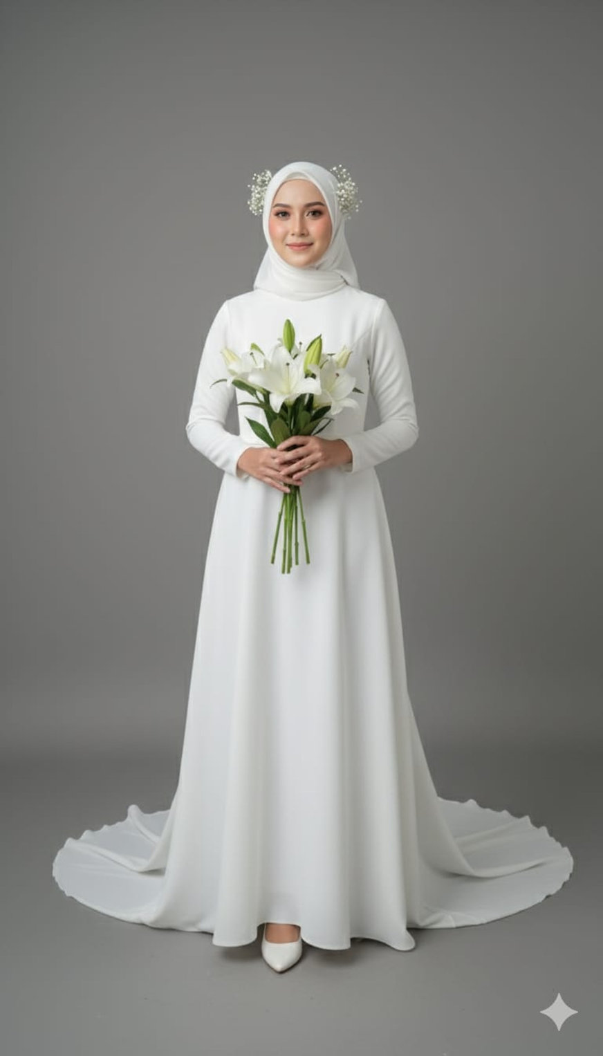 Hasil generator AI Foto Memakai Gaun Pengantin. FOTO/Gemini AI Prompt AI Foto Memakai Gaun Pengantin