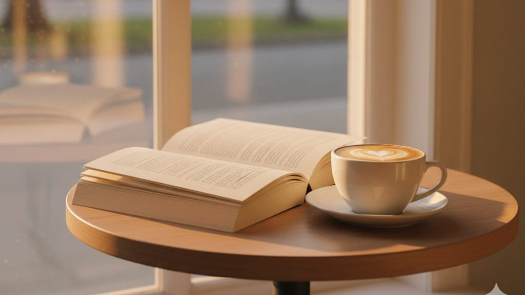 Prompt AI Still Life Buku Novel dan Kopi