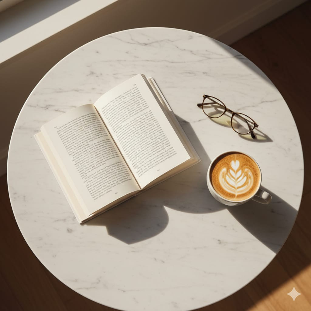 Prompt AI Still Life Buku Novel dan Kopi