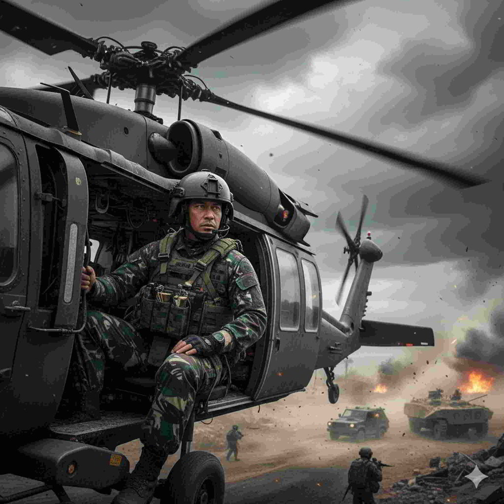 Hasil generator AI, prompt AI naik helikopter. FOTO/Gemini AI prompt AI naik helikopter