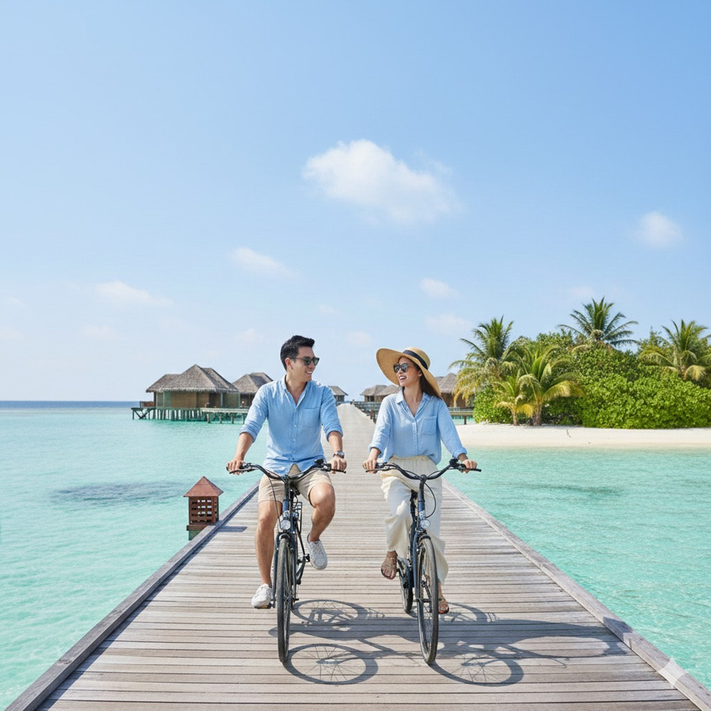 Hasil generator AI, Prompt AI Liburan di Maldive. FOto/Gemini AI Prompt AI Liburan di Maldive