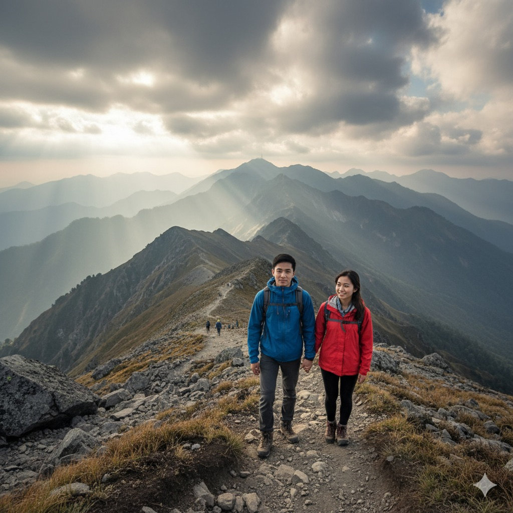 Hasil generator AI, Prompt AI Foto Pasangan di Gunung. FOTO/Gemini AI Prompt AI Foto Pasangan di Gunung