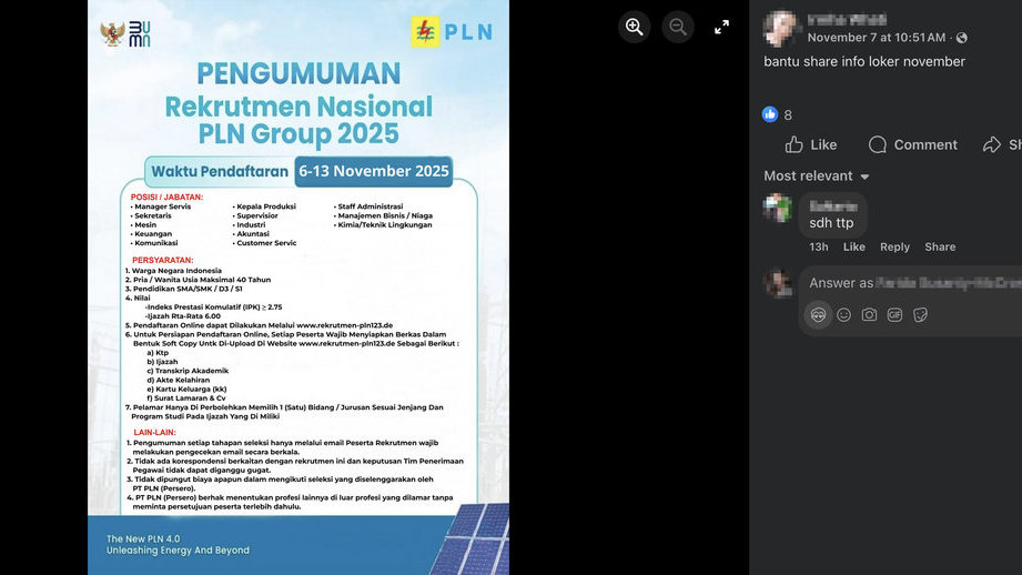 Periksa Fakta Loker PLN. foto/hotline periksa fakta tirto Periksa Fakta Loker PLN