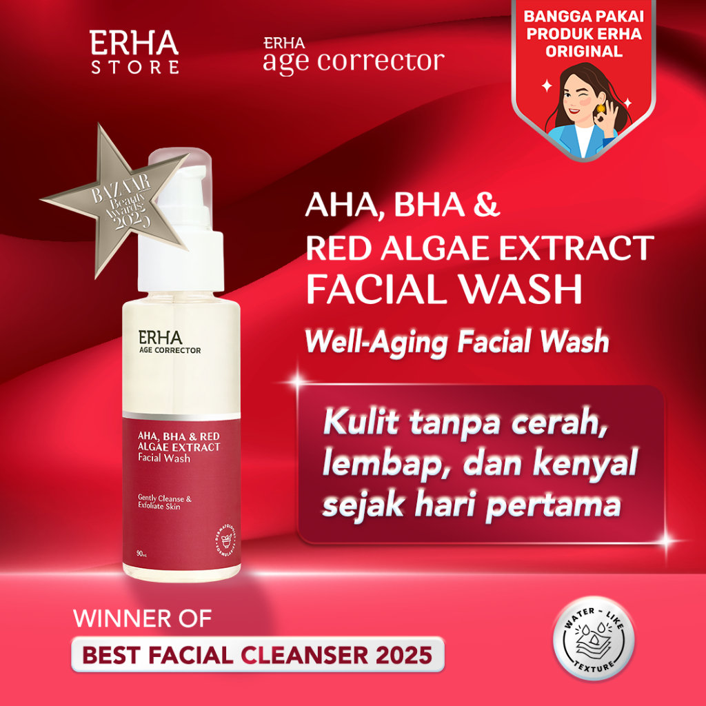 ERHA Age Corrector Facial Wash 90ml AHA, BHA & Red Algae Extract - Sabun Cuci Muka Anti Aging Awet Muda | PH Balance | Membersihkan | Melembabkan | Meremajakan Kulit | Anti Penuaan | Lembab Cerah Halus
