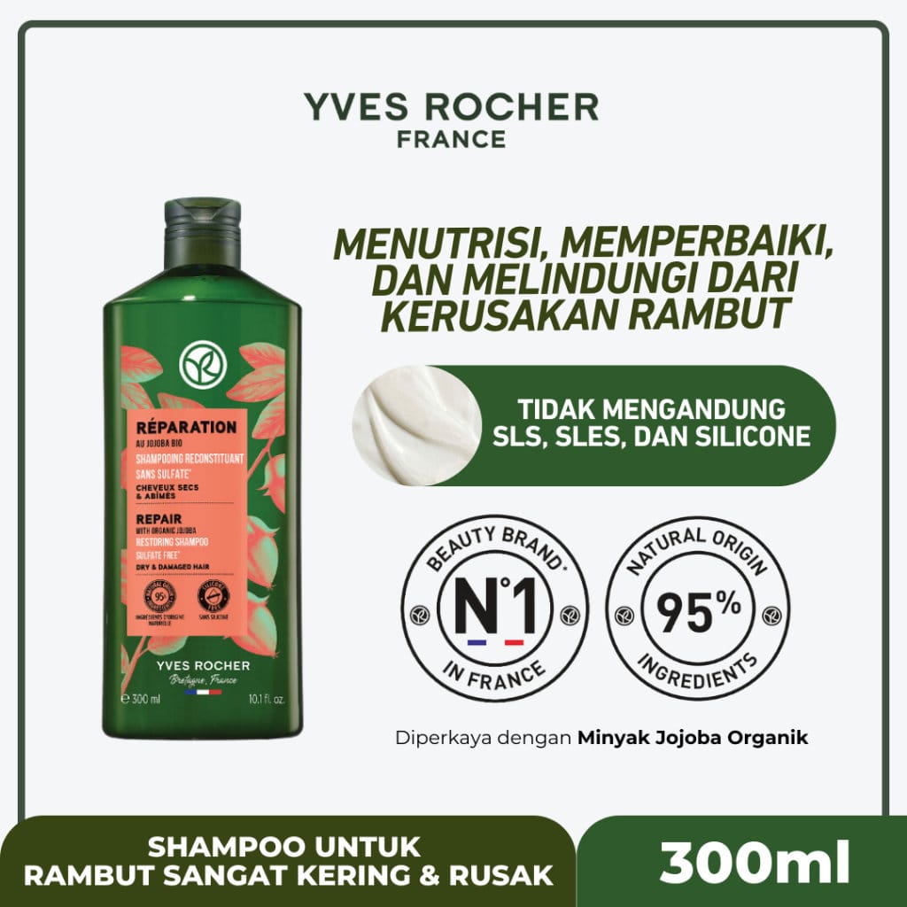 Yves Rocher Repair Restoring Shampoo 300 ml - Shampoo Rambut Rusak Patah | Solusi Rambut Kering dan Rusak