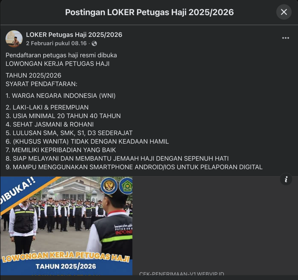 Contoh postingan terindikasi penipuan lowongan kerja.