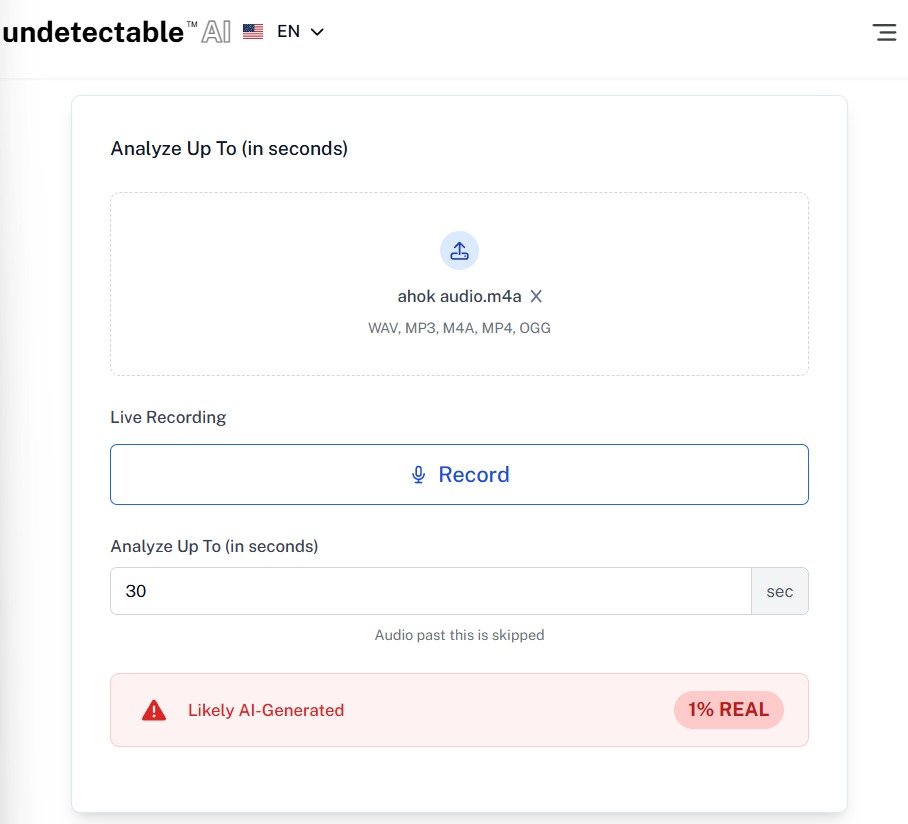 Hasil pemeriksaan Undetectable AI suara Ahok bagi-bagi bantuan
