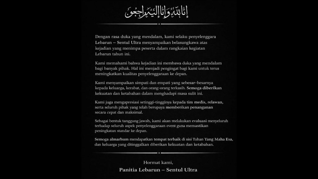 Permintaan maaf penyelenggara Lebarun Sentul Ultra 2026. Foto/Instragram @sentulultra Permintaan maaf Lebarun Sentul Ultra 2026