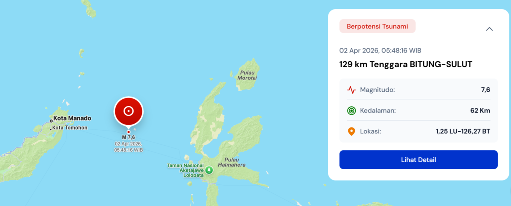 Update Gempa Hari ini di Bitung, Potensi Tsunami & Gempa Susulan